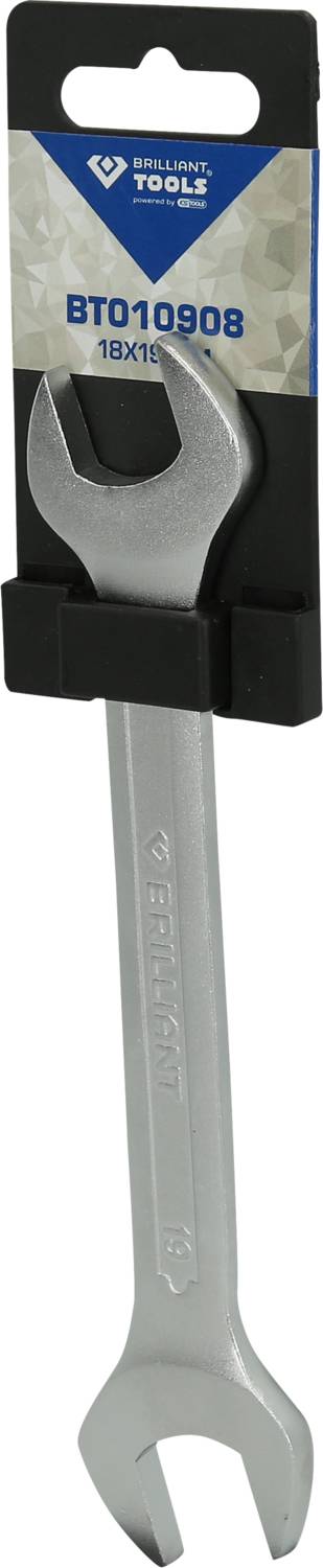 Une clé à molette en argent de taille '18x19'. Elle est fixée sur un support noir portant l'inscription 'BT010908'.