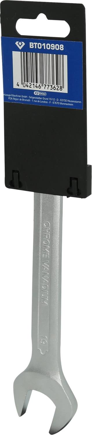 Une clé à fourche en argent avec un emballage en carton bleu au-dessus. Sur l'emballage se trouve un code-barres et l'inscription 'BT010908'.