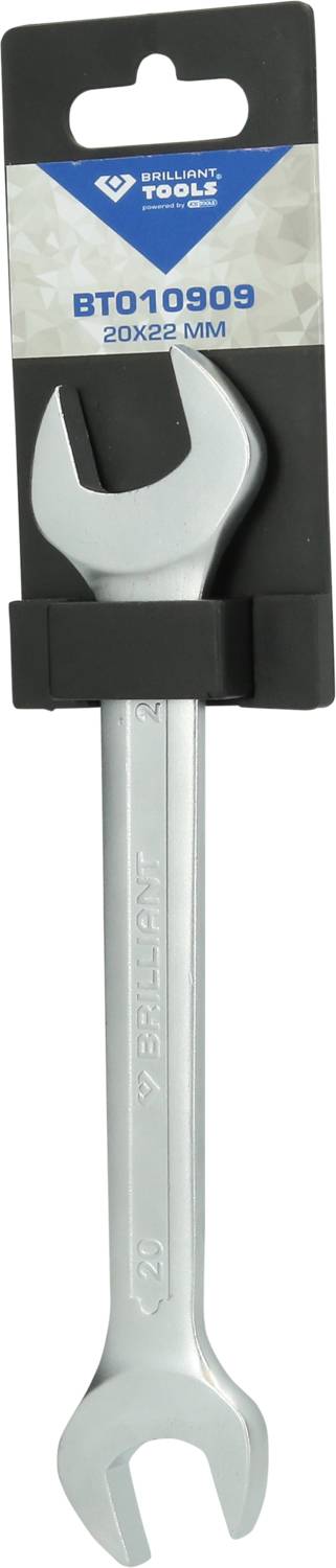 Une clé à molette argentée portant l'inscription 'BT010909 20x22 MM' est présentée verticalement dans un emballage noir.
