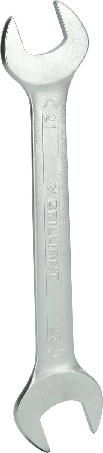 Une clé à molette argentée à deux extrémités ouvertes portant l'inscription 'BRILLIANT 21'. Adaptée aux travaux mécaniques.