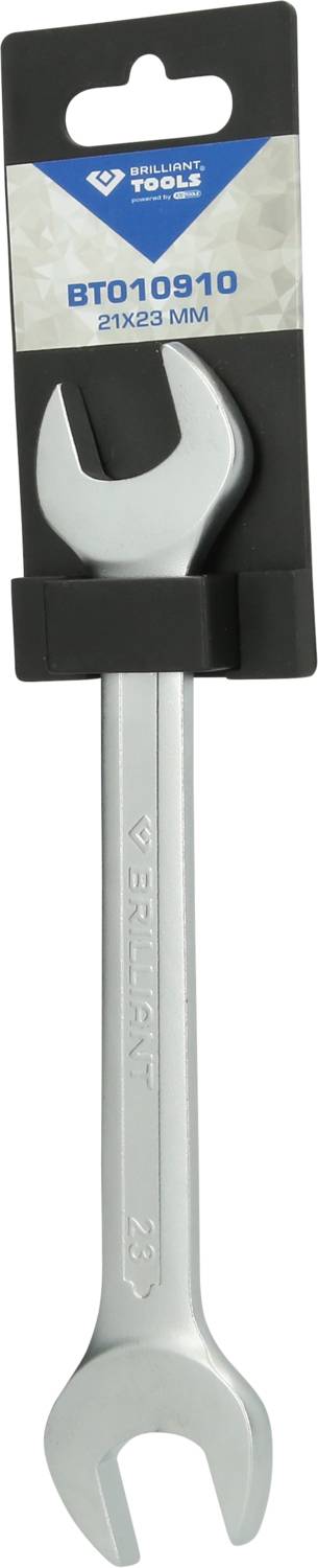 Une clé à fourche en argent de la marque 'Brillant Tools', taille 21x23 mm, emballée dans un support noir.