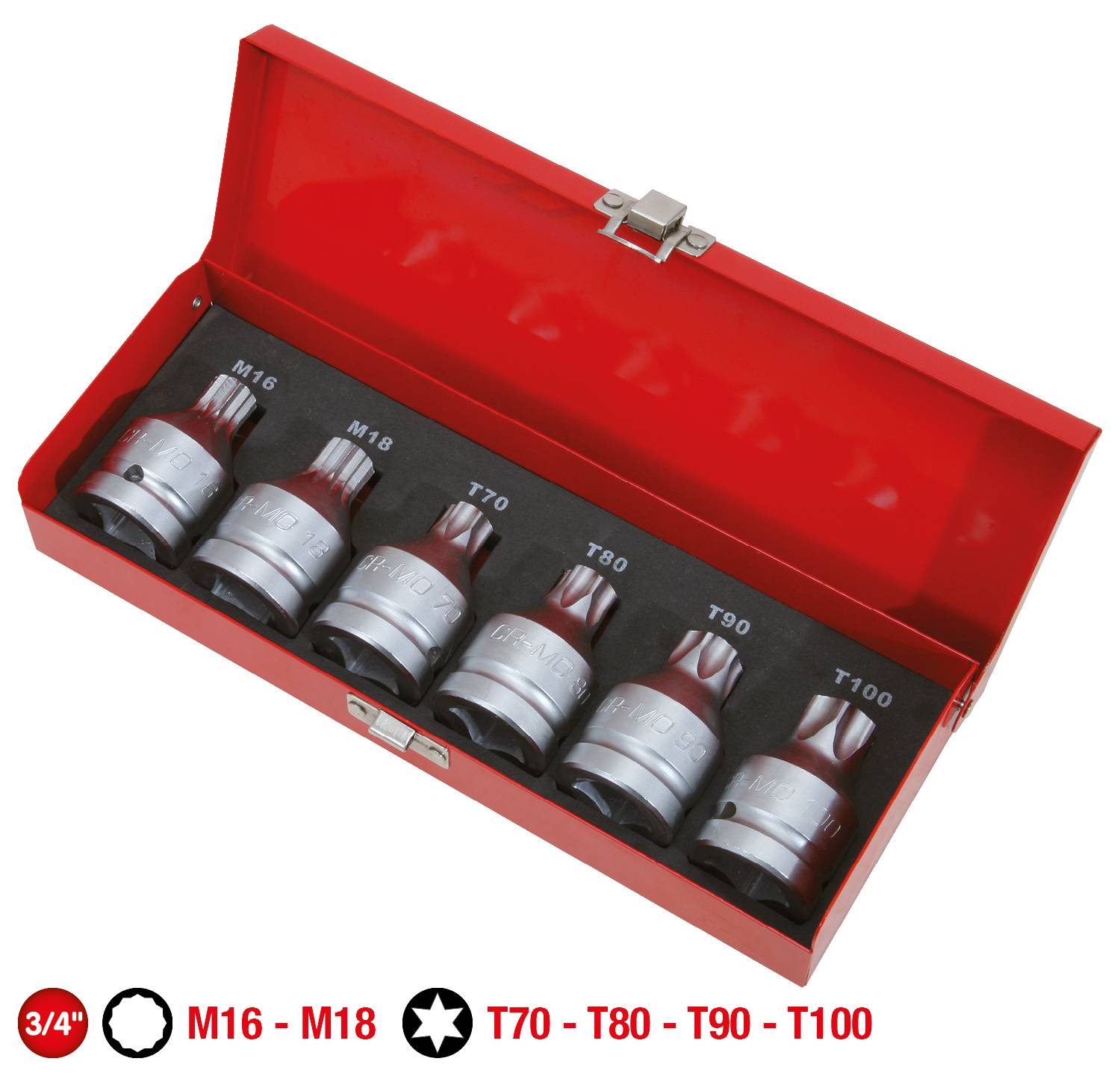 Un ensemble de douilles Torx dans un boîtier rouge, allant des tailles M16 à T100, représenté avec les indications de tailles en dessous.