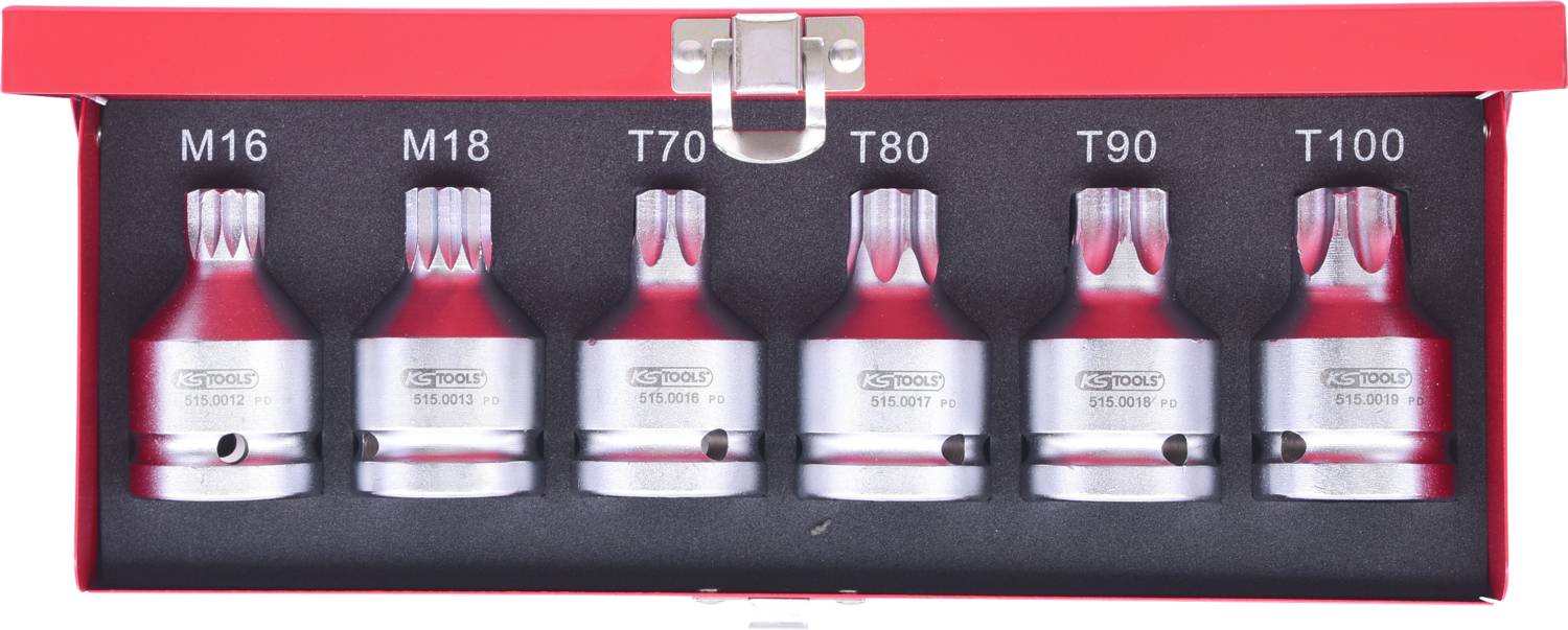 Un étui rouge contient six douilles à embouts Torx de tailles M16, M18, T70, T80, T90 et T100, rangées de gauche à droite.