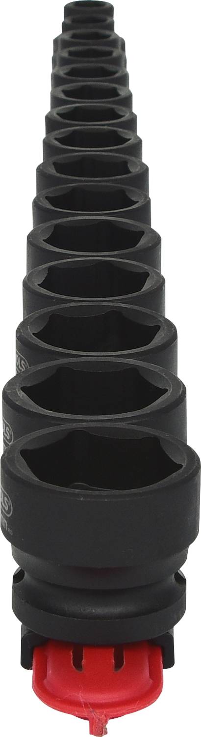Un ensemble de onze clés à ergots noires de différentes tailles, alignées, avec un support de stylo rouge à l'extrémité avant.