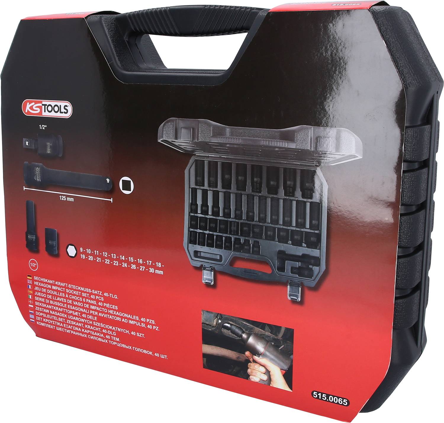 Coffret de douilles KS Tools en noir et rouge. Présente les différentes tailles et composants sur l'emballage.