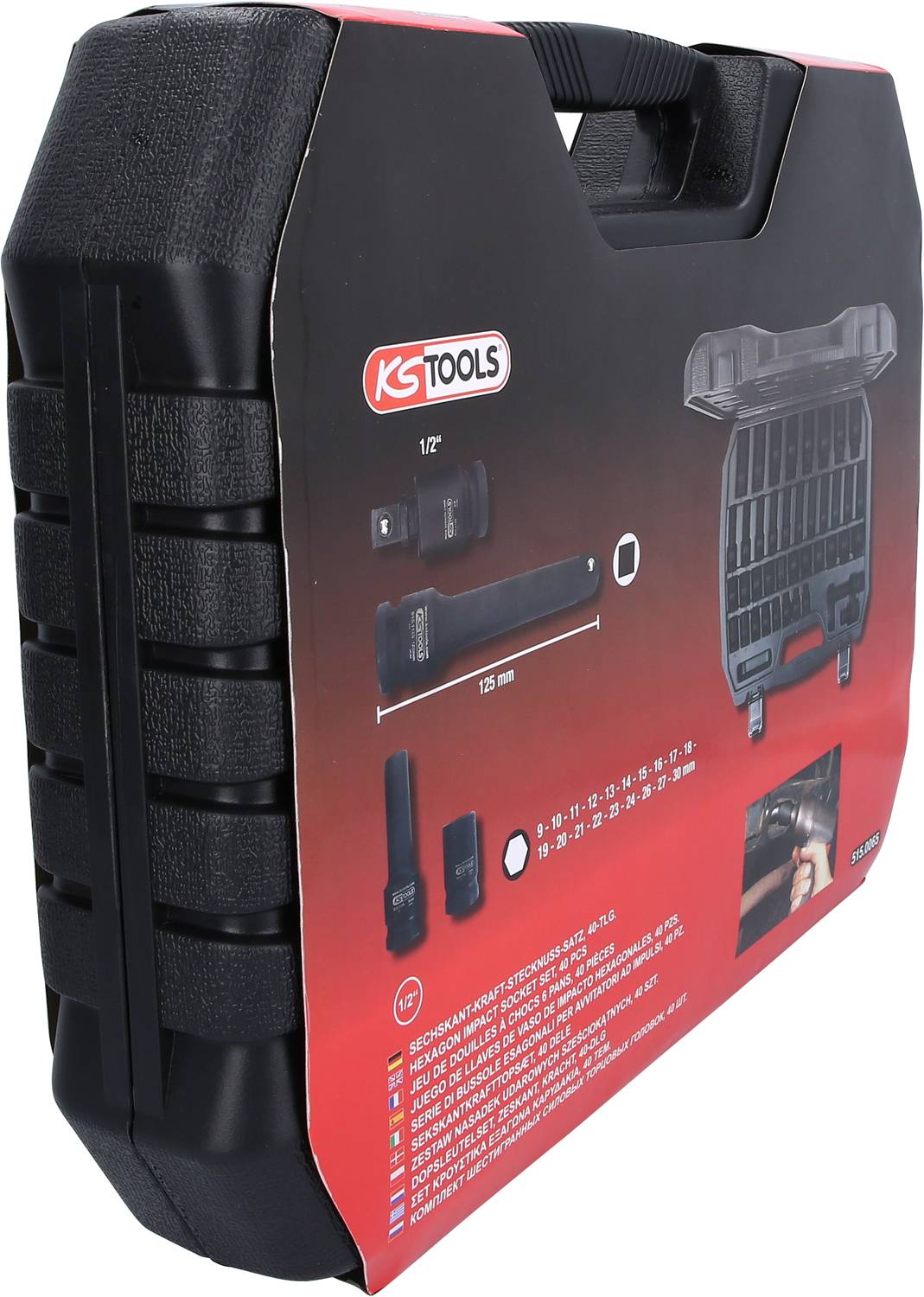 Coffret rigide 'KS Tools' avec jeu de douilles, représentation des pièces incluses sur une étiquette rouge, poignée de transport en haut à gauche.