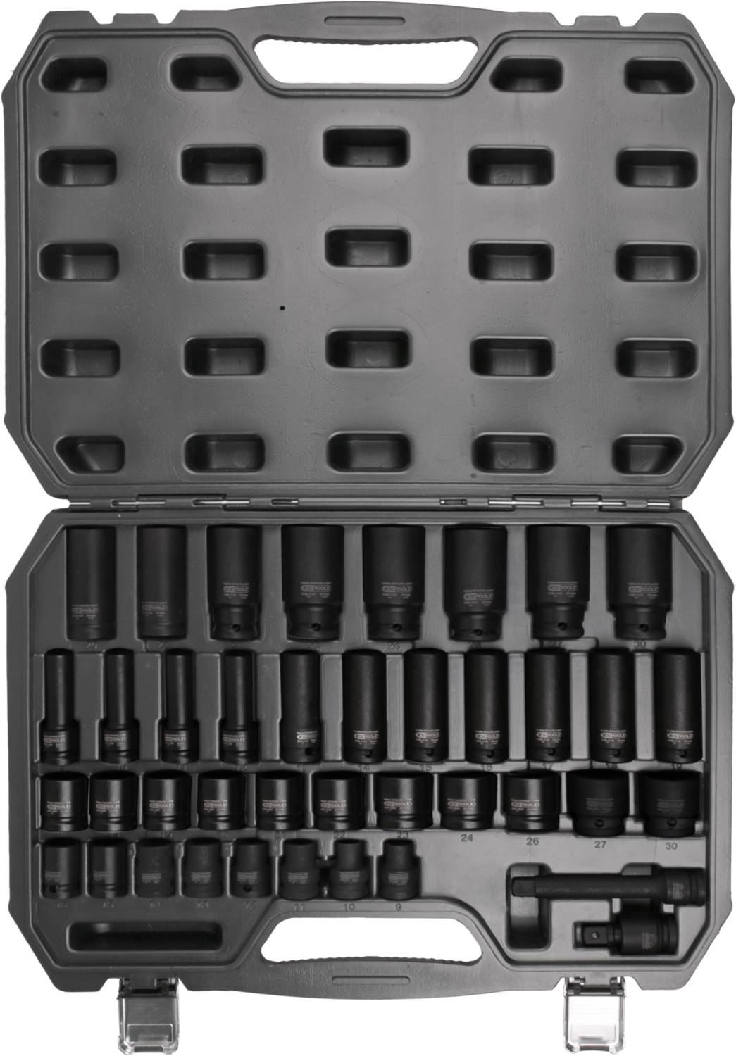 Coffret noir en plastique contenant 22 clés à ergots de différentes tailles, soigneusement rangées. Parfait pour les travaux mécaniques.