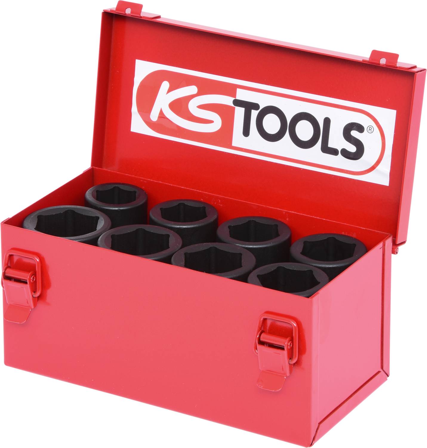 Boîte à outils rouge avec logo KS Tools, ouverte. Contient des douilles hexagonales noires disposées en deux rangées. Adaptée aux travaux mécaniques.