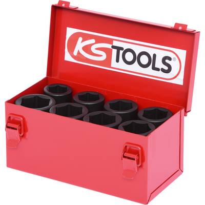 Boîte à outils rouge avec logo KS Tools, ouverte. Contient des douilles hexagonales noires disposées en deux rangées. Adaptée aux travaux mécaniques.