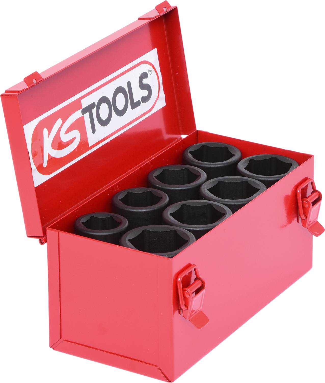 Boîte à outils rouge portant l'inscription 'KS TOOLS' sur le couvercle, contenant plusieurs embouts de clés à vis noirs de forme circulaire.