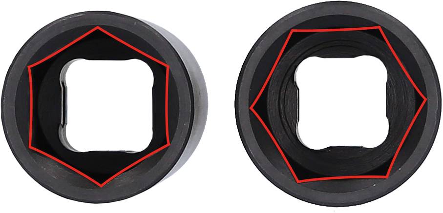 Deux objets cylindriques noirs côte à côte. Chacun présente une forme pentagonale intérieure aux contours rouges avec une ouverture carrée.