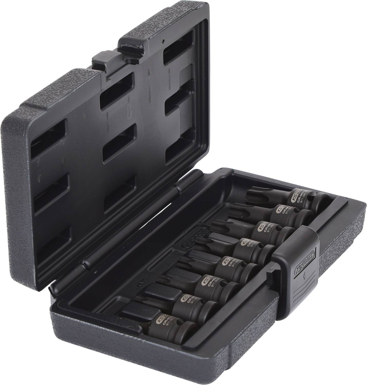 Boîtier en plastique noir contenant plusieurs tournevis noirs de différentes tailles, soigneusement rangés.