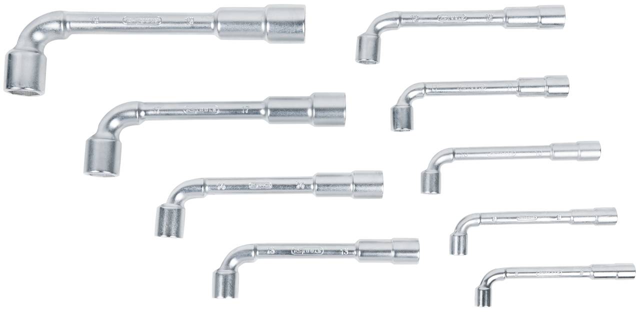 Une collection de neuf clés à angle dans différentes tailles, fabriquées en métal argenté, sur un fond blanc.