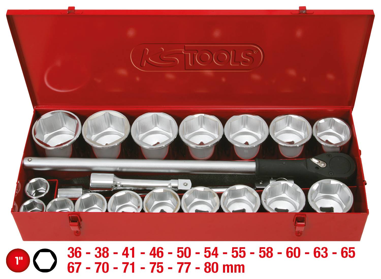 Une longue boîte à outils rouge avec plusieurs douilles argentées de différentes tailles et une poignée métallique. Les tailles sont listées en bas : 36 - 80 mm.