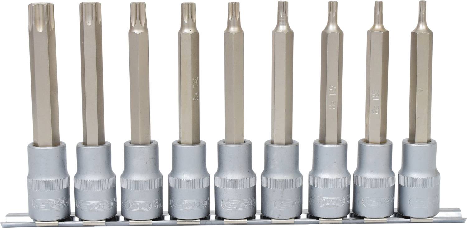 Neuf embouts métalliques sur un support, rangés de la petite à la grande taille, utilisés pour les travaux de vissage.