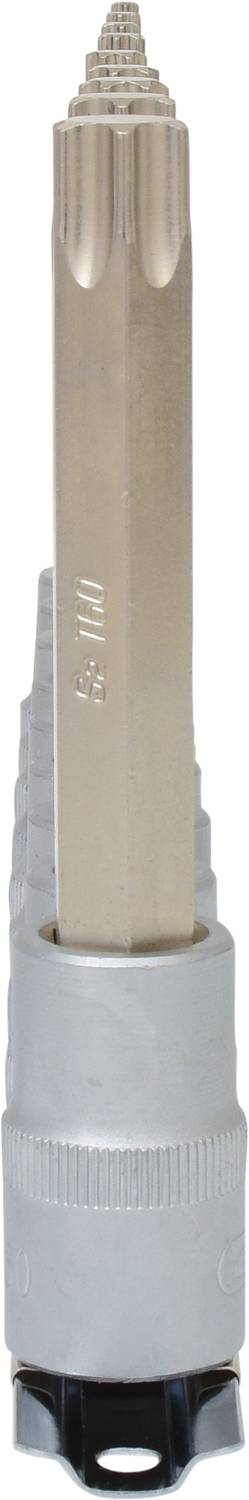 Une clé à cliquet en argent avec un long manche hexagonal et une poignée striée. Conçue pour une manipulation précise et des applications polyvalentes.