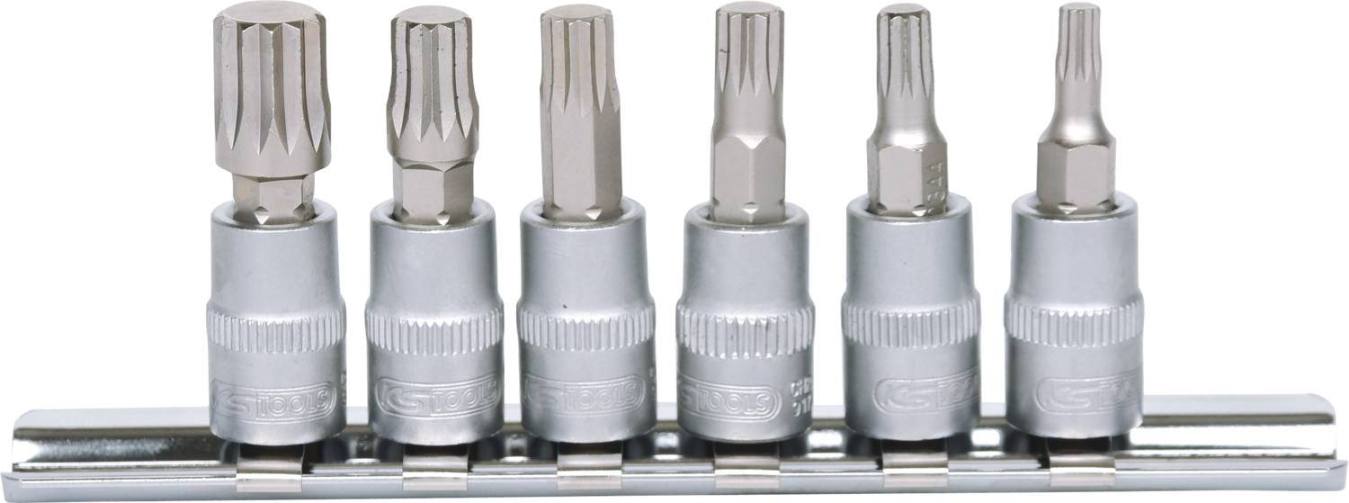 Une série de six embouts de bits en argent de différentes formes, disposés dans un support.
