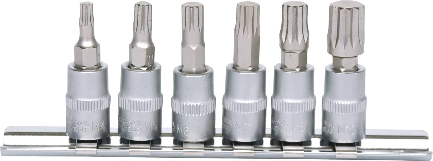 Six embouts de clés à douille de différentes formes et tailles, disposés sur un support métallique.