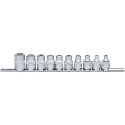 Un jeu de clés à douille de différentes tailles, rangées sur un rail métallique, principalement utilisé pour les travaux de réparation.