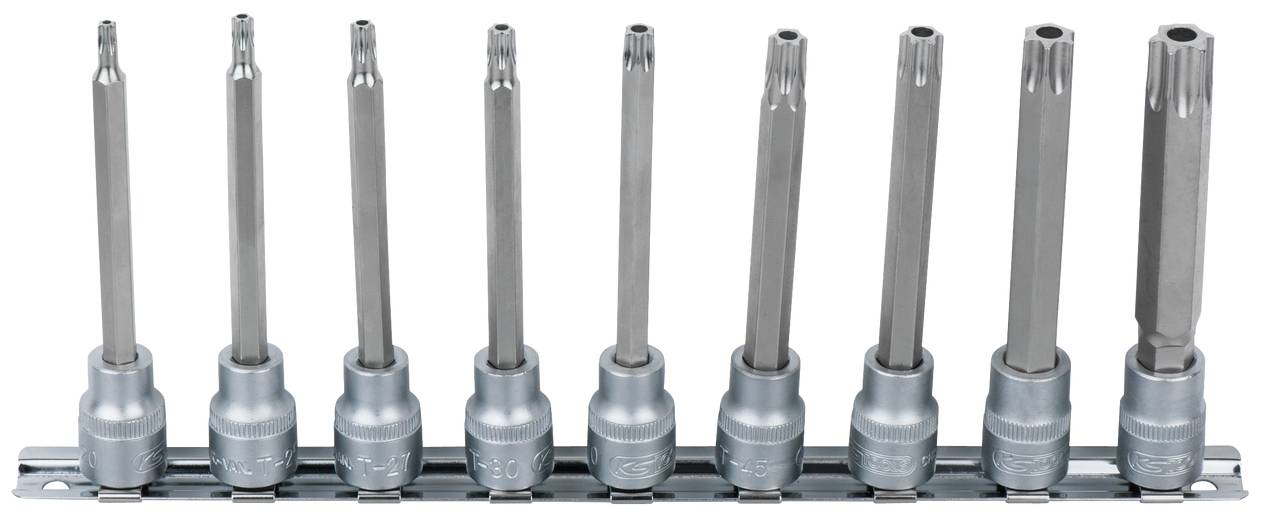 Un ensemble de dix clés à douille de différentes tailles sur un support, adapté aux travaux mécaniques.