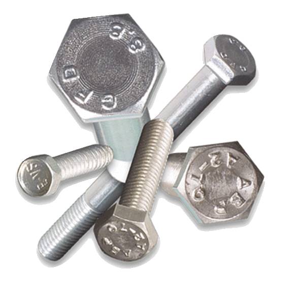 Différentes vis à tête hexagonale en argent de différentes tailles sur un fond clair, avec l'une d'entre elles posée transversalement sur les autres au premier plan.