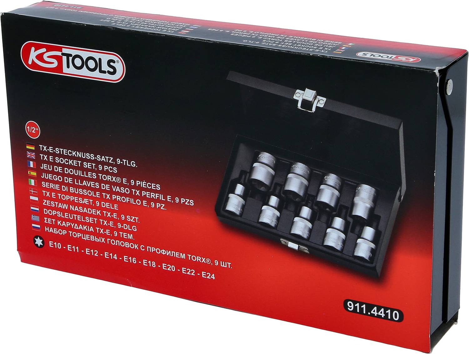 Ensemble de douilles TX-E 'KS Tools', 9 pièces, montre un coffret ouvert contenant neuf douilles pour une utilisation dans les réparations automobiles. Référence article 911.4410.