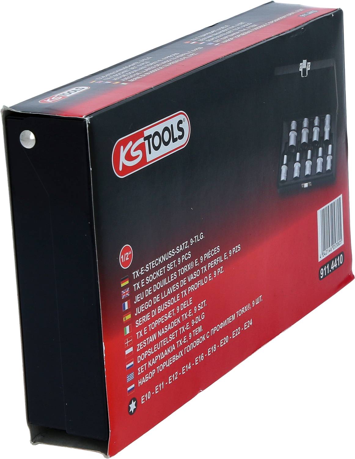 Ensemble de douilles 'KS Tools 911.4410', 9 pièces, E10-E24, avec illustration du kit et drapeaux de pays. Emballage en noir et rouge.