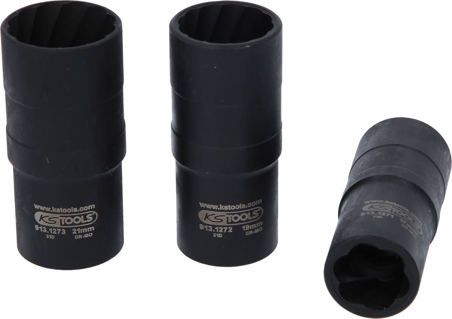 Trois écrous hexagonaux noirs, deux verticaux, un horizontal, portant l'inscription 'KS Tools'. Dimensions : 21 mm et 19 mm.
