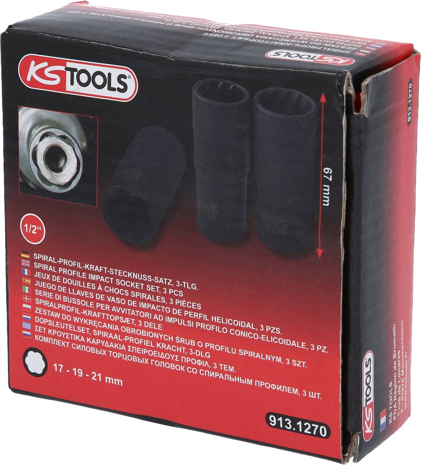 Ensemble de douilles à vis à spirale en trois parties dans un emballage noir. Adapté pour différentes tailles : 17, 19, 21 mm.