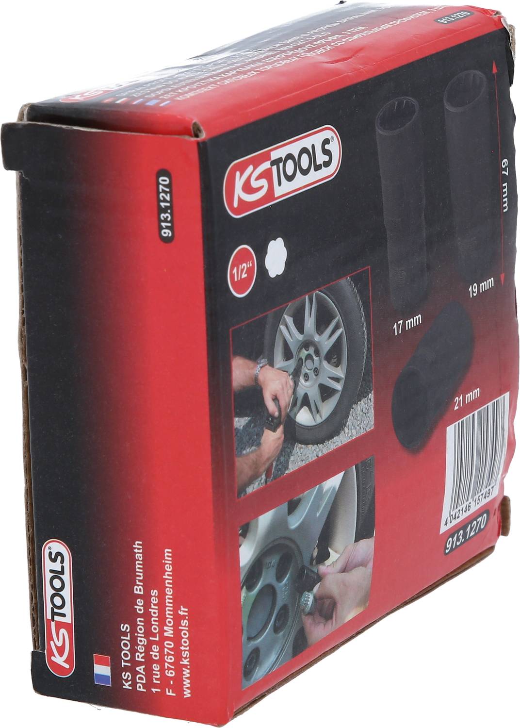 Boîte d'emballage de KS Tools avec des illustrations de boulons de roue sur fond rouge. Contient des dimensions de 17, 19 et 21 mm.