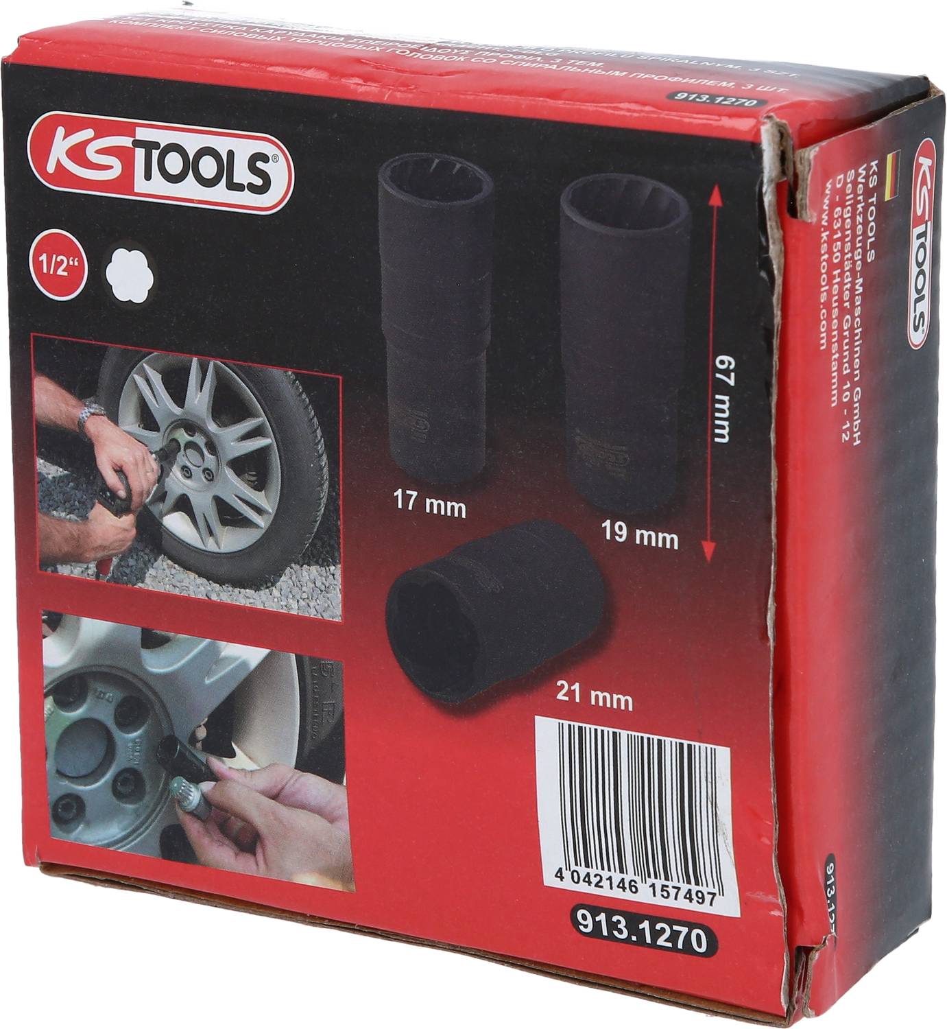 Emballage de l'ensemble de douilles KS Tools. Comprend trois rallonges : 17 mm, 19 mm et 21 mm, idéal pour le changement de pneus.