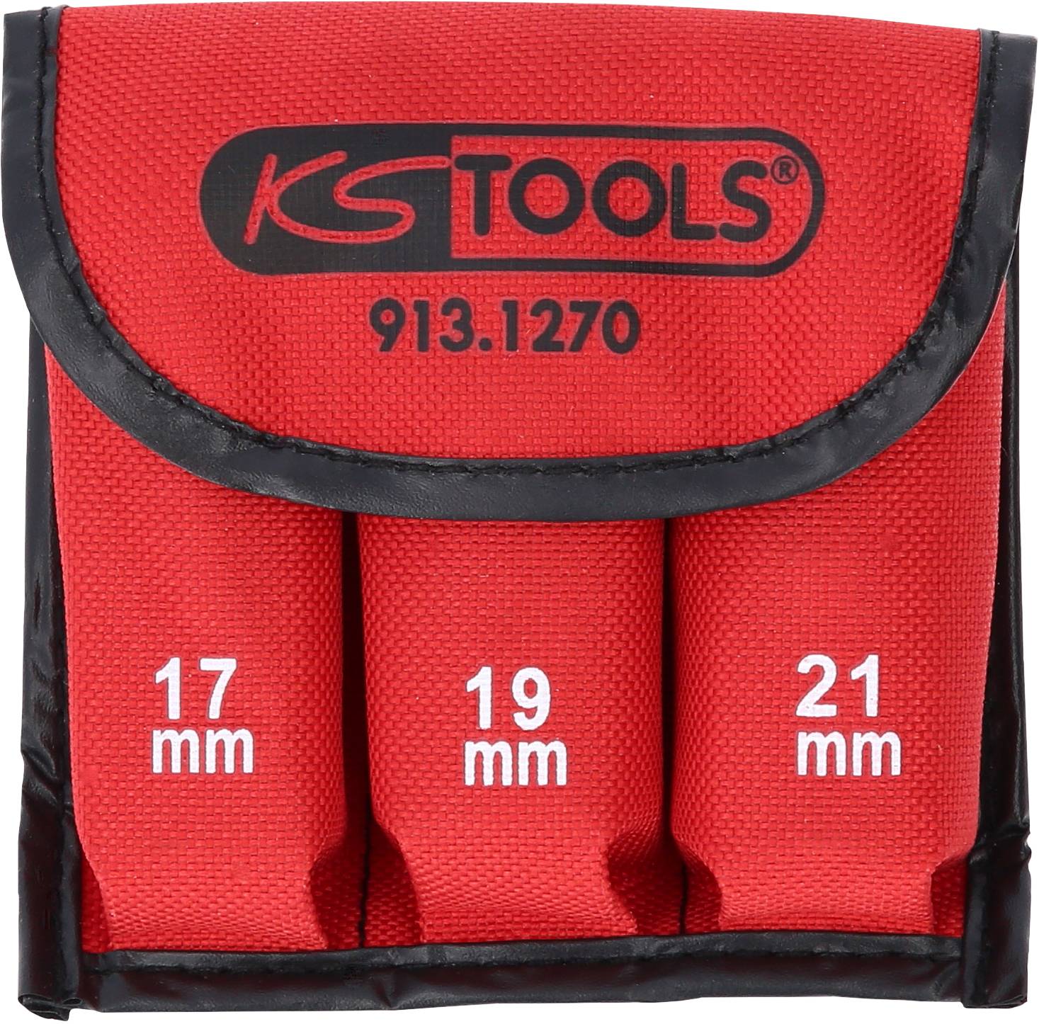 Trois supports de noix rouges de tailles 17 mm, 19 mm et 21 mm, avec l'inscription de marque 'KS Tools' sur la pochette.