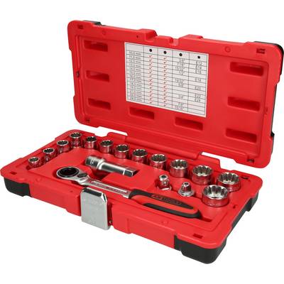 Coffret à outils rouge ouvert montrant un jeu de clés à douilles. Comprend une clé à cliquet, une rallonge et différentes douilles.