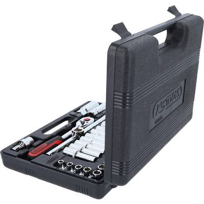 Mallette à outils noire avec couvercle ouvert, présentant divers clés à ergots et une clé à cliquet, soigneusement rangés dans des compartiments adaptés.