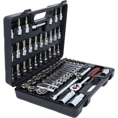 Jeu de clés à douilles dans un coffret noir ouvert, composé de différentes douilles de tailles variées, de clés à cliquet et de rallonges.