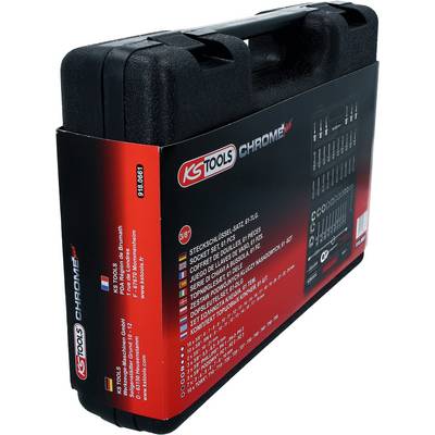 Coffret à outils noir de KS Tools avec bandeau rouge ; contient un jeu de douilles de 96 pièces et convient à de nombreuses réparations.