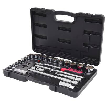 Une mallette à outils ouverte contenant différentes clés à douille, des clés à cliquet et des rallonges. L'ensemble est rangé dans un coffret noir.
