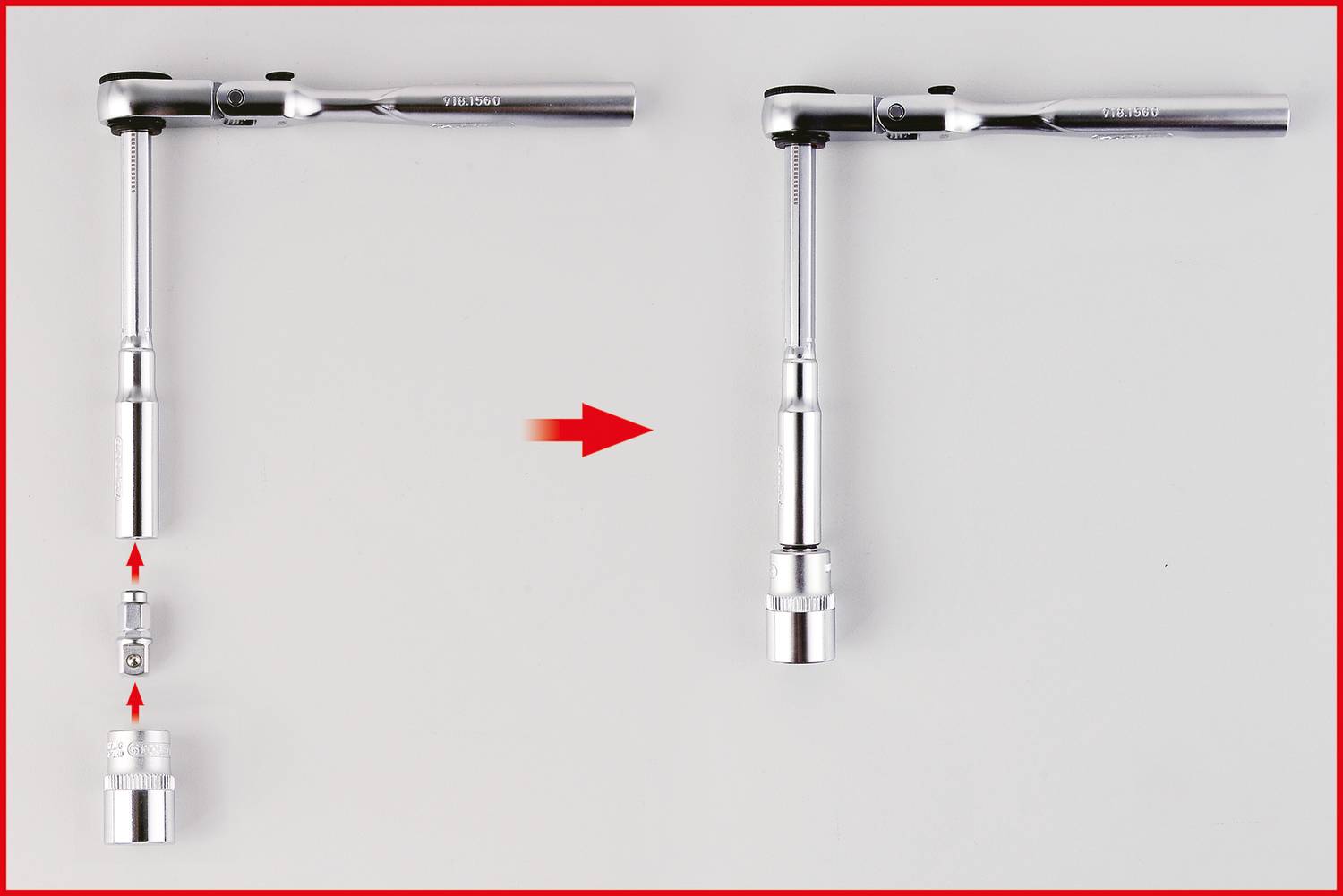 Instructions pour l'assemblage d'un outil : la clé à molette, la pièce supplémentaire, la douille et la rallonge sont connectées.