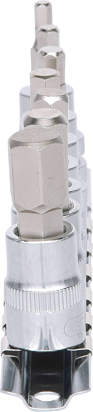 Un ensemble de neuf embouts hexagonaux de tailles croissantes, alignés les uns à la suite des autres. Les embouts sont en métal argenté.
