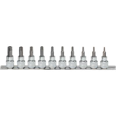 Un ensemble de dix embouts de tournevis Torx de différentes tailles, disposés sur un support métallique.