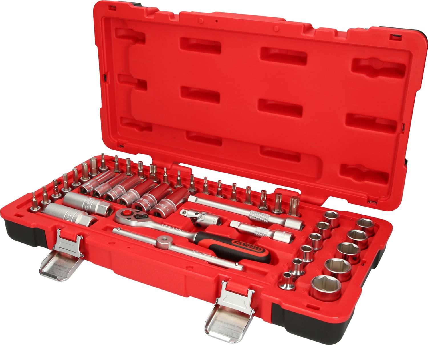 Une boîte à outils rouge contenant différentes clés à douille et des outils, ouverte et partiellement visible, destinée aux travaux mécaniques.