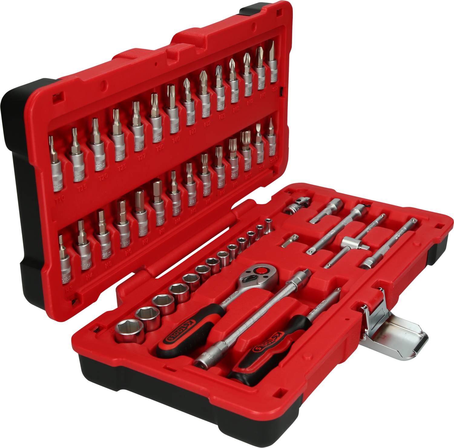 Une boîte à outils rouge contenant divers embouts et douilles, triés dans des compartiments, prête à l'emploi.
