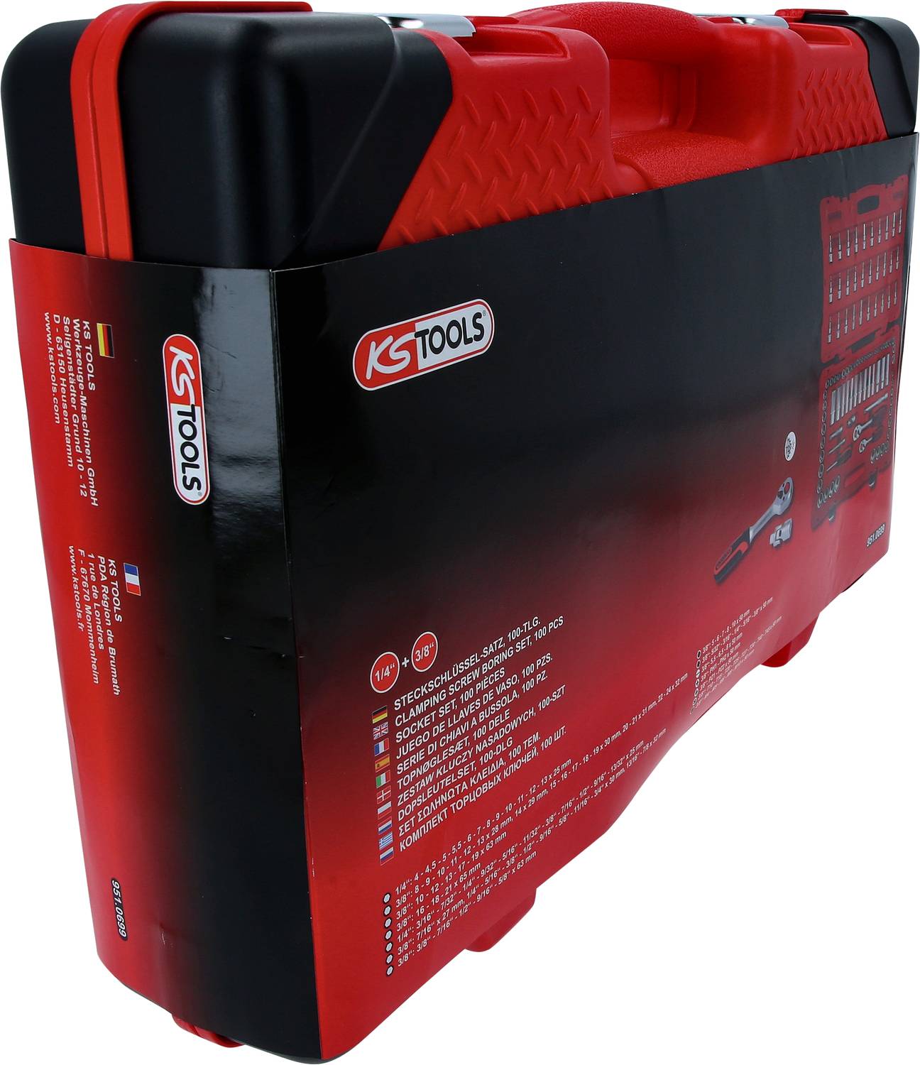 'Coffret à outils noir et rouge de KS Tools avec poignée de transport. L'emballage illustre les outils et les détails de son contenu.'