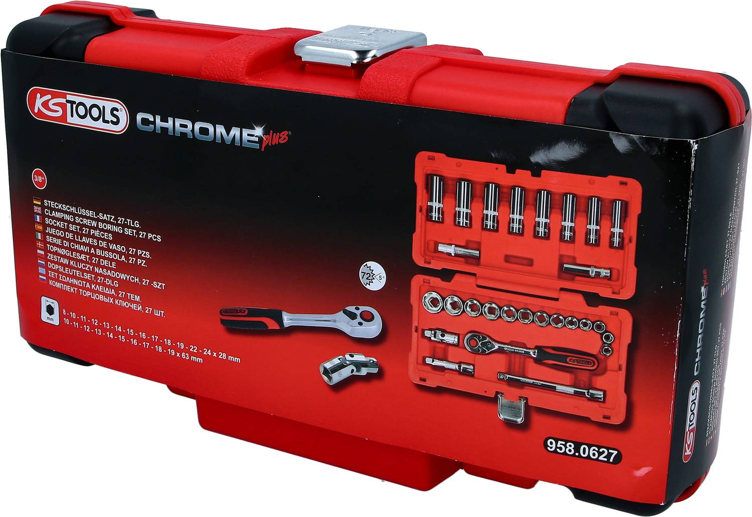 Coffret à outils rouge contenant une clé à cliquet, des douilles et des accessoires. Le nom de marque 'KS Tools' et le modèle 'CHROMEplus' sont bien visibles.