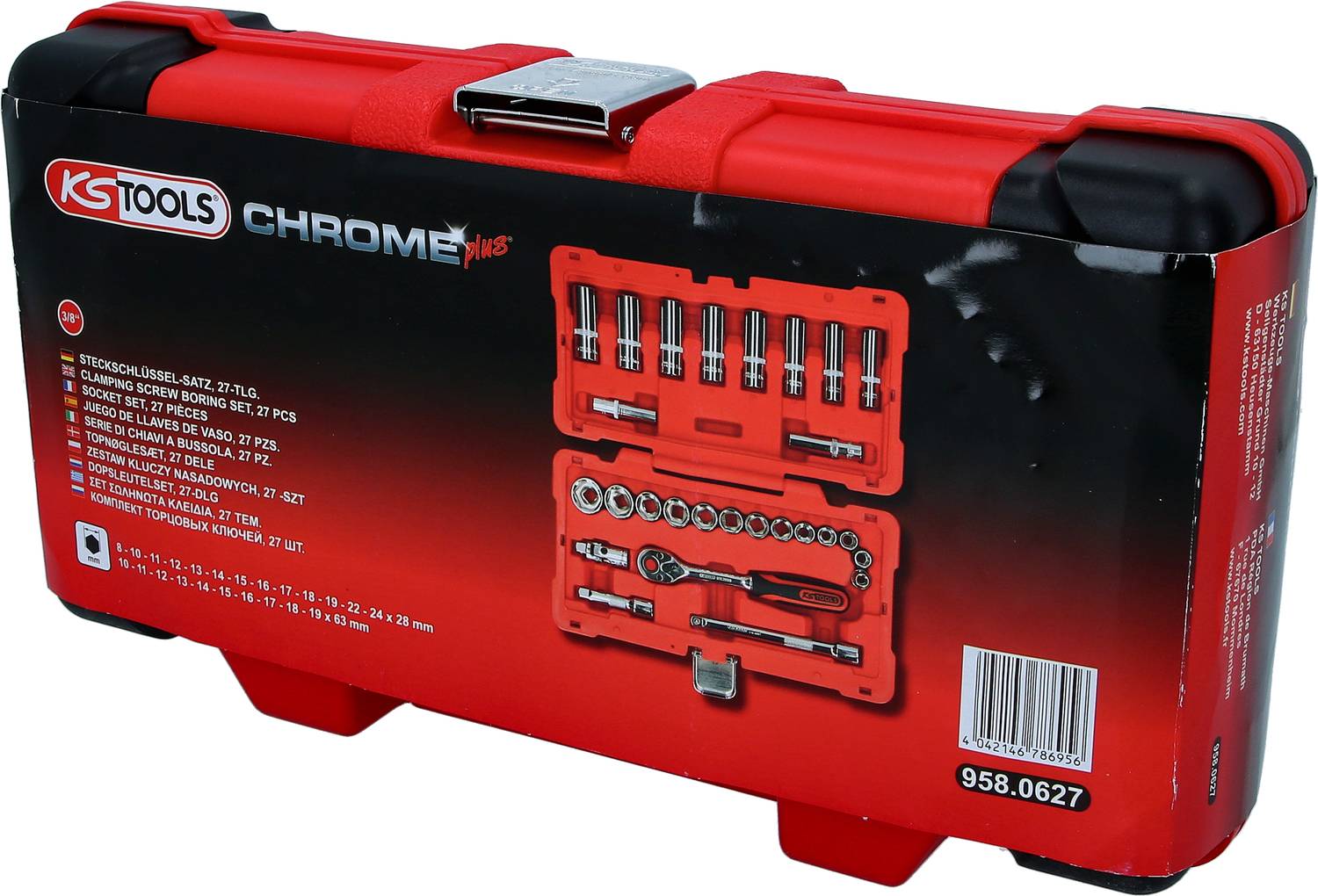 Coffret à outils rouge de KS Tools avec Chrome Plus, contenant divers douilles et accessoires.