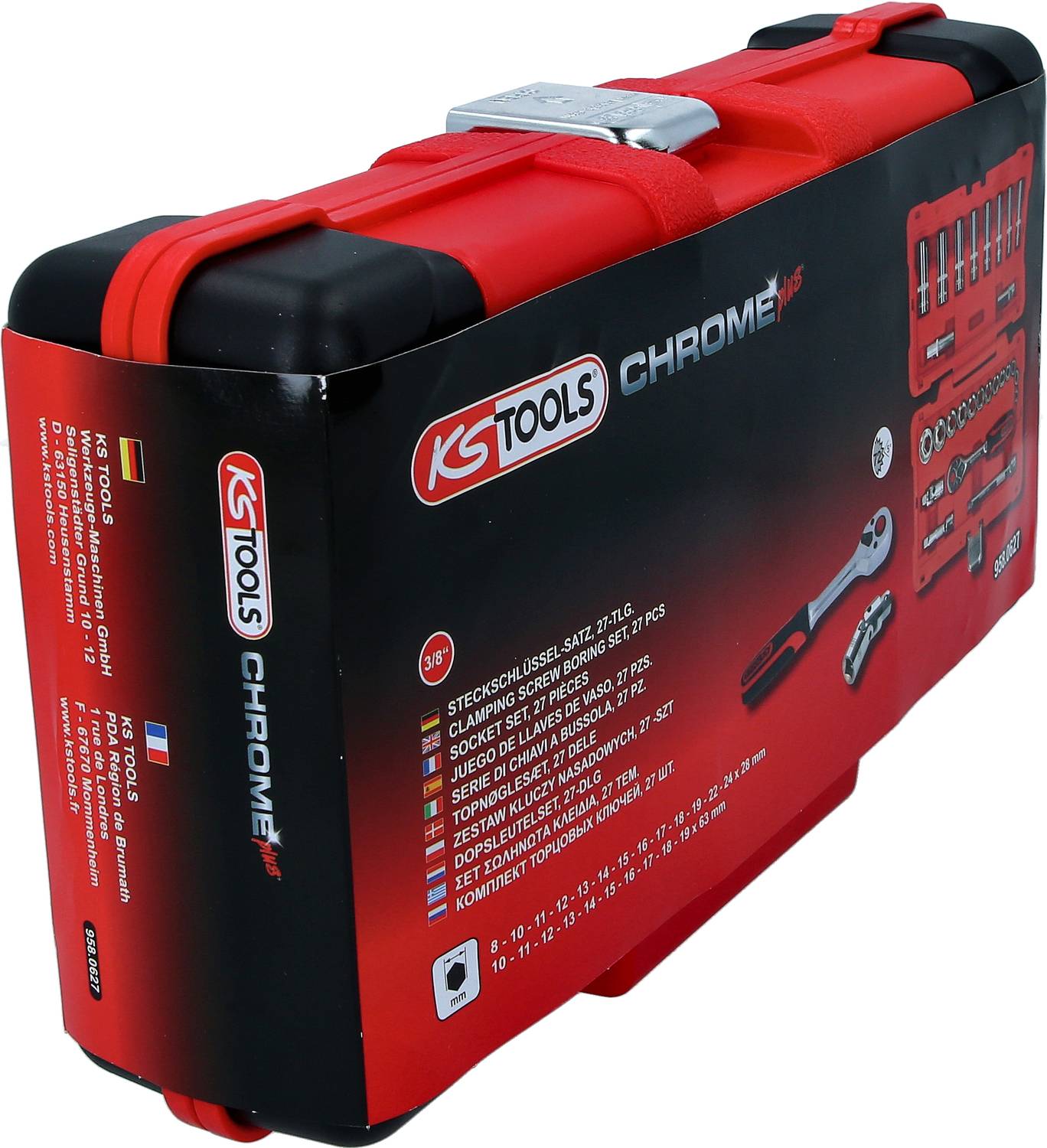 Coffret à outils rouge de KS Tools, série 'Chrome', avec un jeu de clés à cliquet. Contient 72 pièces, l'illustration montre le contenu et le logo du fabricant.
