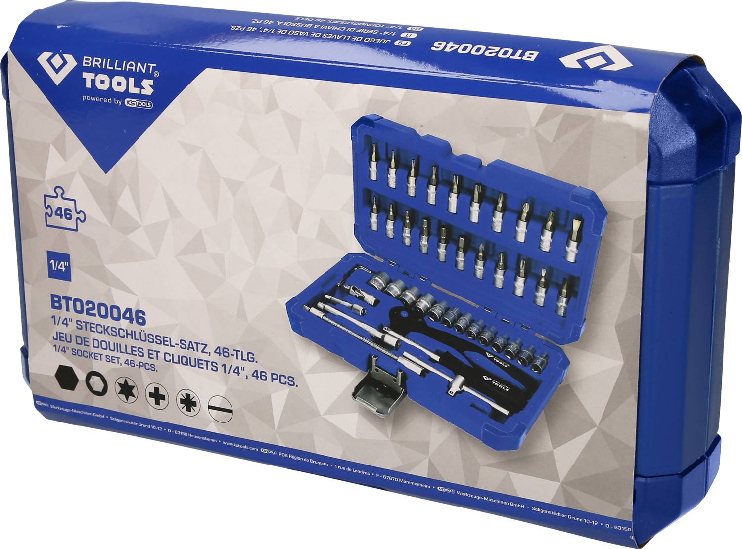 Coffret de clés à douilles 'Brilliant Tools', 46 pièces, présenté dans un étui de rangement bleu. Le jeu d'outils comprend divers embouts de socket.
