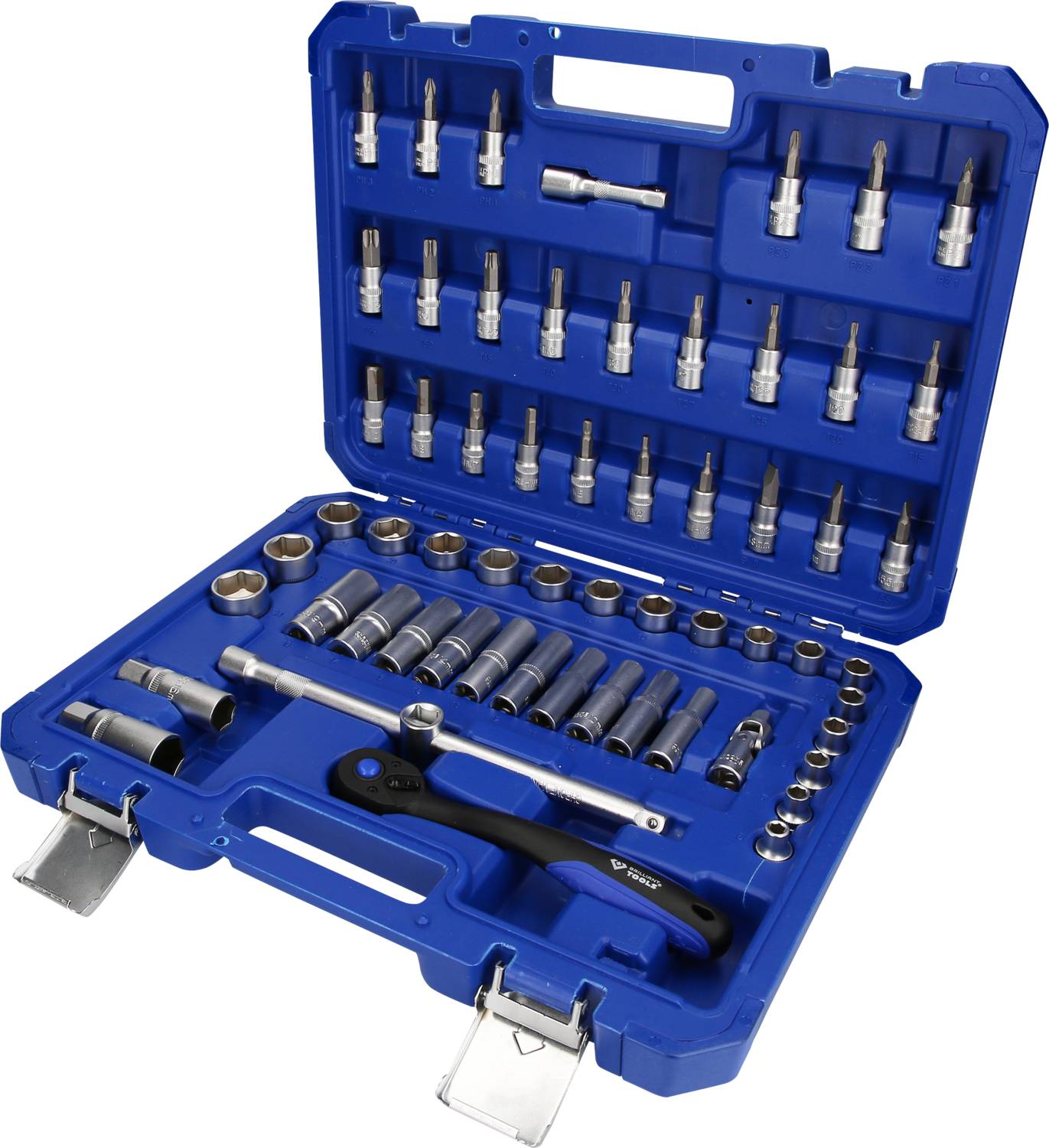 Coffret à outils bleu contenant différentes clés à douilles et accessoires. Comprend 40 pièces, rangées dans des compartiments prévus à cet effet.
