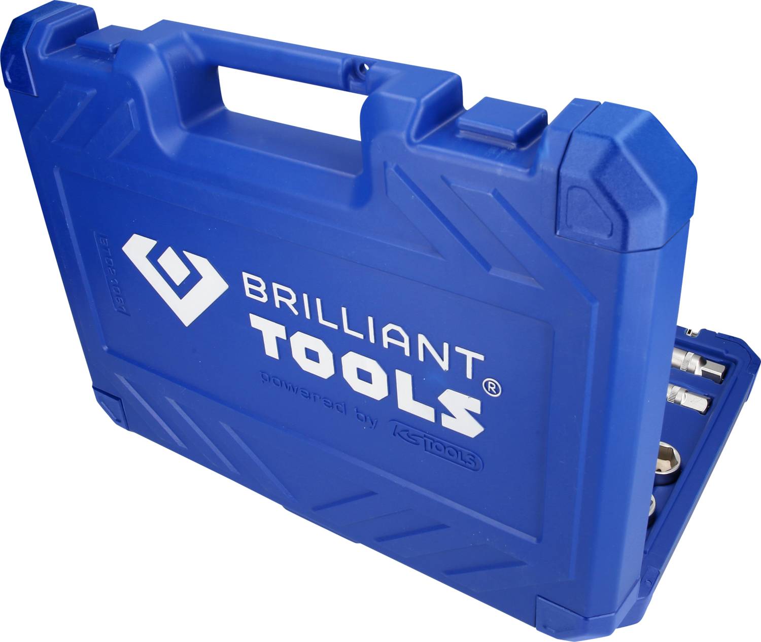 Valise bleue portant l'inscription « Brilliant Tools, powered by KS Tools » en blanc. La valise est équipée d'une poignée et promet une robustesse exceptionnelle.