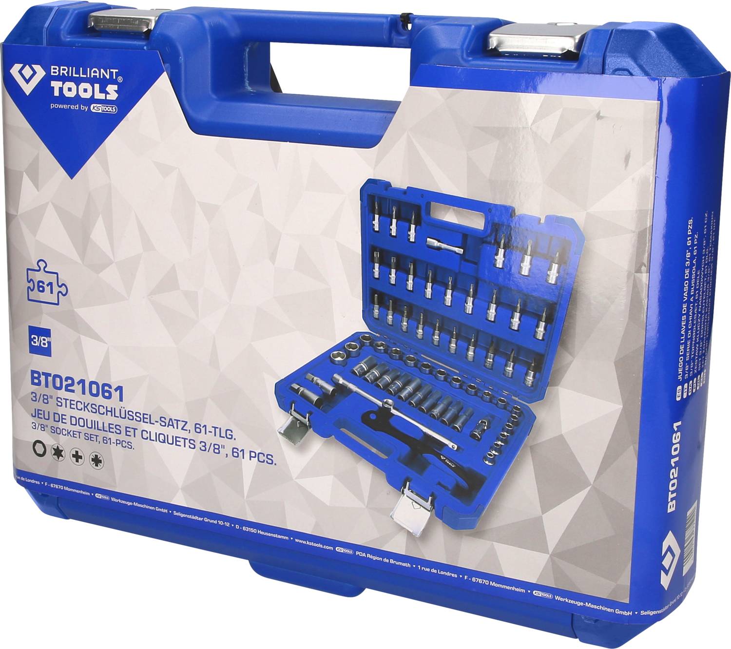 Une valise à outils bleue contenant un jeu de clés à douille de 3/8'', 61 pièces. Comprend divers embouts et clés à douille, bien organisés dans la mallette.